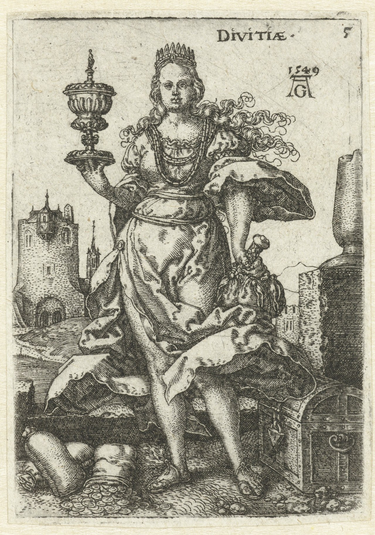 Engraving of Wealth, a crowned woman holding a covered cup and a money bag beside a treasure chest