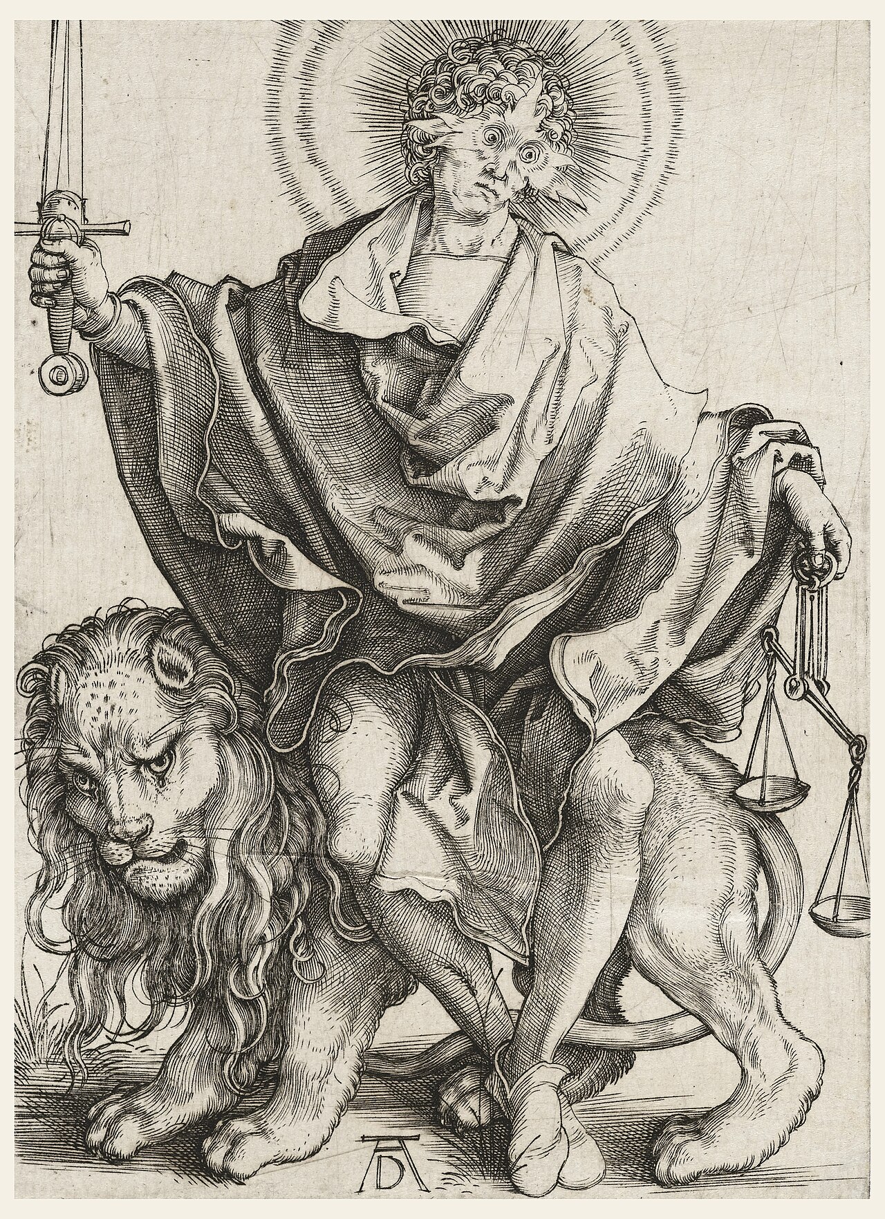 Engraving of Justice holding scales, an allegory of trustless verification
