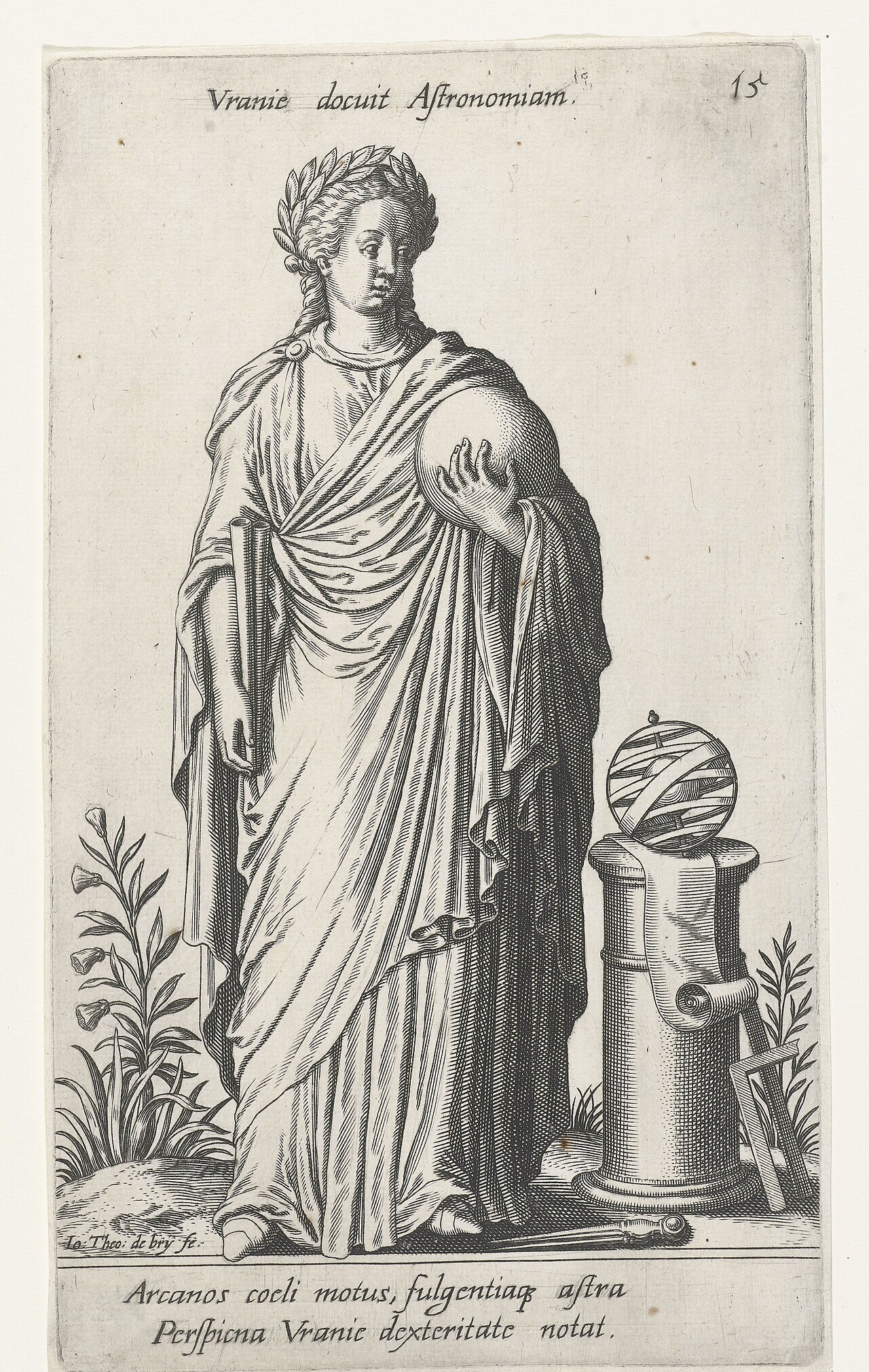Engraving of Urania with a globe, armillary sphere, set square and dividers